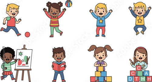 Cute kids playing learning and creative activities vector set with happy children reading painting building blocks cartoon characters