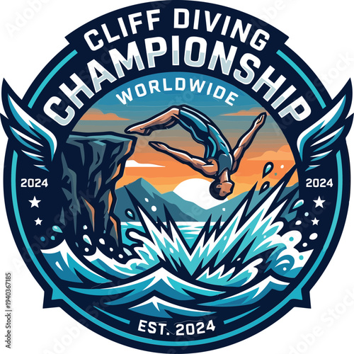 Cliff Diving Championship Badge Logo, Extreme Sports Event Emblem, Athletic Competition Design