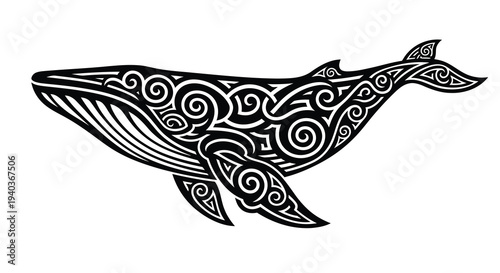 Black and white Maori styled whale on white background