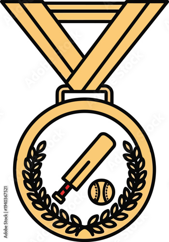 Gold cricket medal with bat and ball icon, sports award vector illustration for tournaments and achievements