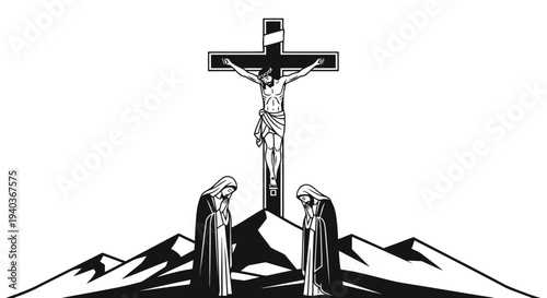Crucifixion scene with Jesus on the cross and two women mourning