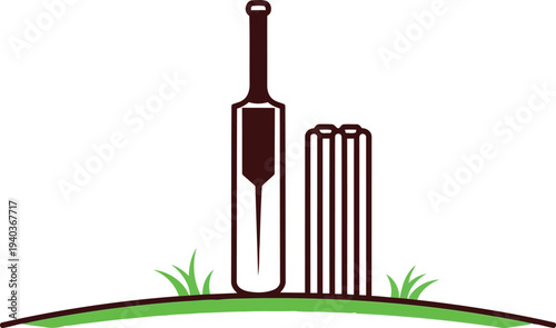 Cricket bat and stumps illustration on grassy field for sports design and branding