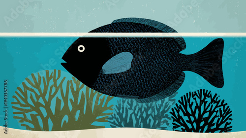 A stylized illustration features a dark fish swimming underwater, surrounded by coral