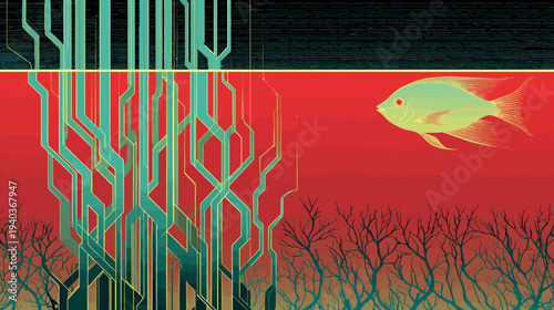 Geometric fish swims through red water, framed by abstract structures and dark, hazy layers