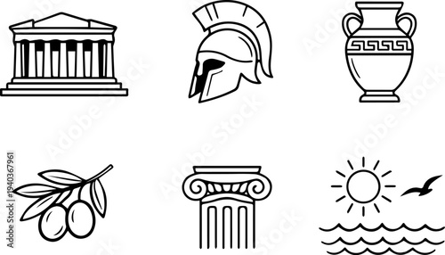Greece culture ancient symbols line icons