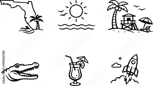 Florida beach tropical vacation icons. Vector