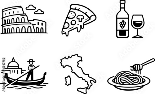 Italy culture travel landmarks icons. Vector