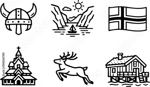 Norway culture nordic symbols line icons