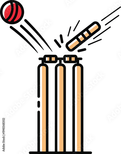 Cricket wicket vector illustration with ball hitting stumps and bails in flat line art style