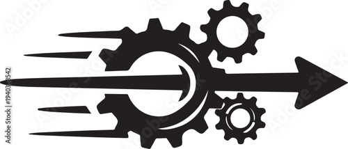 Silhouette of interlocking gears with arrow isolated on transparent background