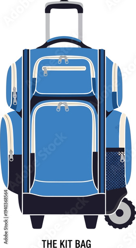 Blue Rolling Travel Backpack with Multiple Compartments and Telescopic Handle Illustration