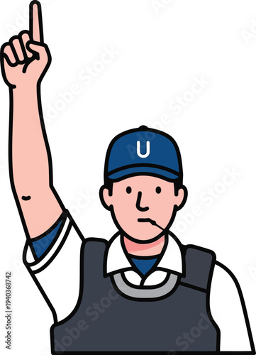 Baseball umpire making call with raised finger, vector illustration for sports concepts