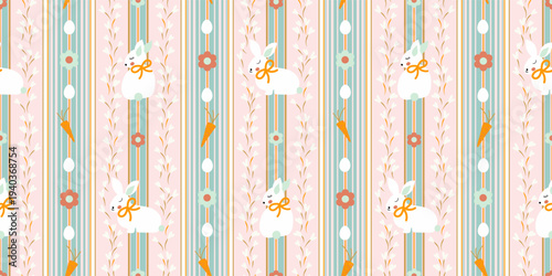 Cute spring, cottagecore farmhouse concept Easter bunny seamless pattern with hand drawn ditsy flowers, eggs, carrots and striped ribbon on whimsical pink background for fabric, wallpaper, stationery