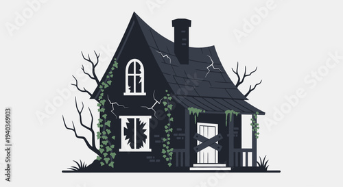 Creepy abandoned house with broken windows and boarded-up door.