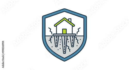 House on earthquake resistant foundation icon within a protective shield.