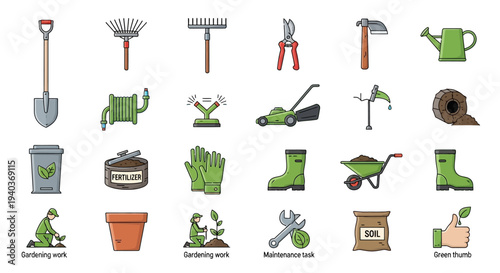 Collection of gardening equipment icons