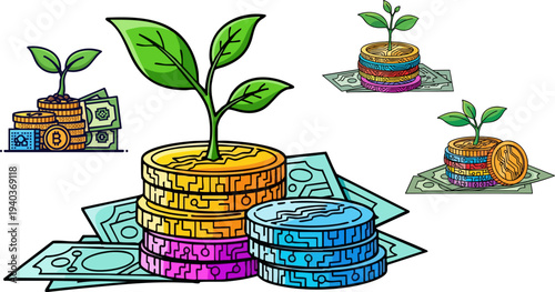 Cryptocurrency investment growth vector illustration showing plants sprouting from digital coins