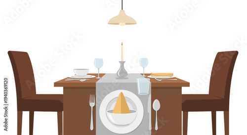 Romantic dinner table setting for two with candle and wine glasses.