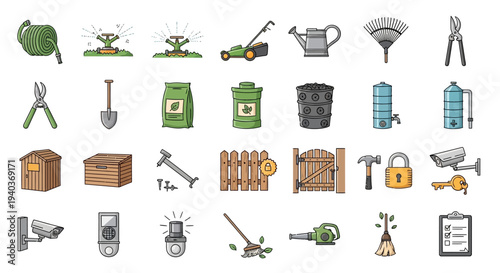 Collection of colorful cartoon gardening and home maintenance icons.