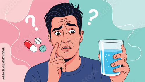 Worried man looks confused and uncertain while deciding whether to take his medication with a glass of water.