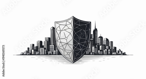 Digital security shield protecting modern cityscape vector graphic illustration design