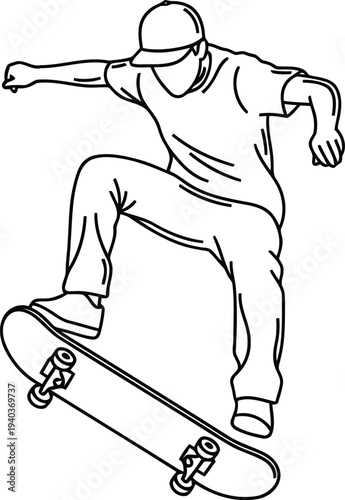 Skateboarder Performing Trick Outline Vector Illustration for Sports and Urban Design Projects