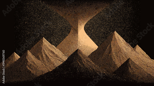 A stippled landscape features mountains beneath a speckled sky and a glowing central void