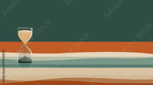 Pixelated illustration of an hourglass, with sands descending against a color-blocked backdrop