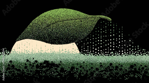 A stippled landscape features an arching green form over a sandy shape and speckled greenery