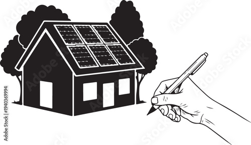 Hand drawing a house with solar panels on roof
