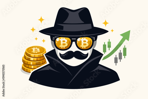 Anonymous Bitcoin Whale and Successful Cryptocurrency Trader in Black Hat and Sunglasses with BTC Logo, Bullish Market Growth Chart and Stack of Gold Coins, Financial Investment Success Concept
