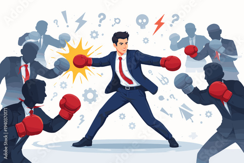 Businessman in Suit Wearing Boxing Gloves Fighting Multiple Competitors and Overcoming Business Challenges, Corporate Competition, Strength and Resilience to Succeed in Professional Career Path