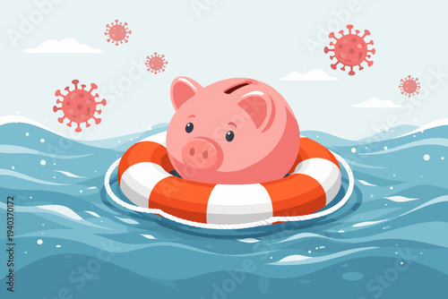 Piggy Bank in a Lifebuoy Floating on Water Surrounded by Coronavirus Particles, Representing Financial Safety, Economic Recovery, and Government Aid for Personal Savings During a Global Pandemic.