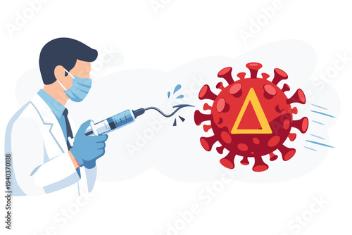 Doctor in mask with a syringe and broken needle against a red coronavirus Delta variant cell; concept of vaccine escape, immunity resistance, and powerful viral spread of COVID-19 virus