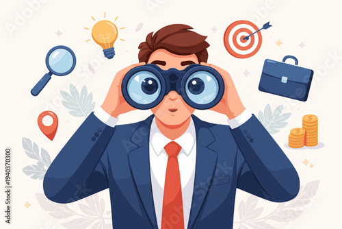 Professional businessman looking through binoculars searching for new career opportunities, job hunting, and market trends. Concept of vision, strategy, discovery, and future business success.