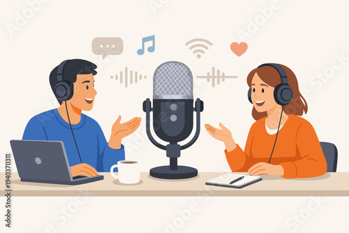 Man and woman recording a podcast episode in a studio with a professional microphone, headphones, and laptop. Flat vector illustration of digital audio broadcasting, streaming, and storytelling.