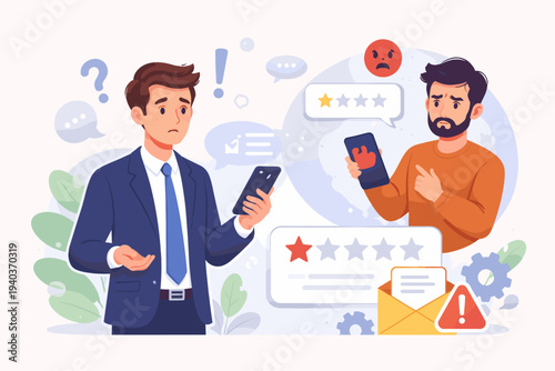 Businessman looking worried while managing negative customer feedback and bad online reviews. Angry client giving a one-star rating on a smartphone. Reputation management and service concept