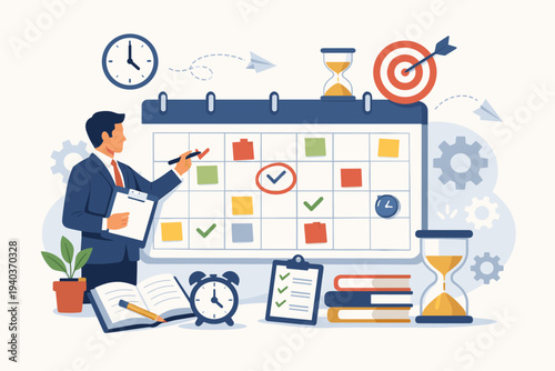 Businessman Organizing Work Schedule on Large Calendar with Time Management Icons like Clock, Hourglass, and Checklist for Productivity, Efficiency, and Meeting Project Deadlines in Office.