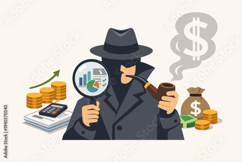 Detective Investigating Financial Data and Investment Opportunities with Magnifying Glass, Auditing Tax Payments, Analyzing Business Growth Charts, Money Bag, Coins, and Calculator for Wealth