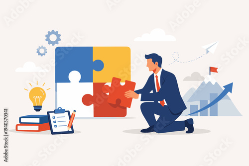Businessman Completing Jigsaw Puzzle for Business Success, Concept of Strategic Problem Solving, Creative Solution, Goal Achievement, Professional Growth, Innovation, and Effective Planning.