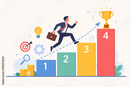 Ambitious Businessman Running Up Numbered Steps Towards a Gold Trophy, Representing a Step-by-Step Guide to Success, Career Growth, Business Achievement, Goal Setting, and Professional Development.