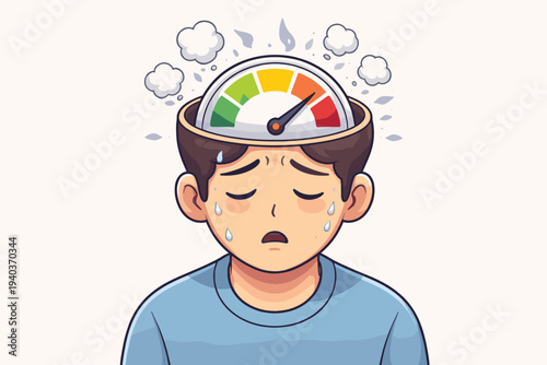 Exhausted Man with High Stress Level Gauge in Head Representing Burnout Anxiety and Mental Health Issues Illustration of Overworked Person Feeling Fatigued and Depressed with Steam and Sweat