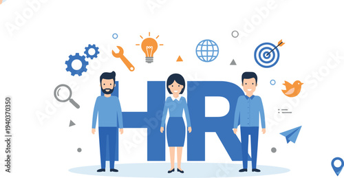 Human resources management team standing in front of HR letters with business icons for recruitment and corporate hiring concept,