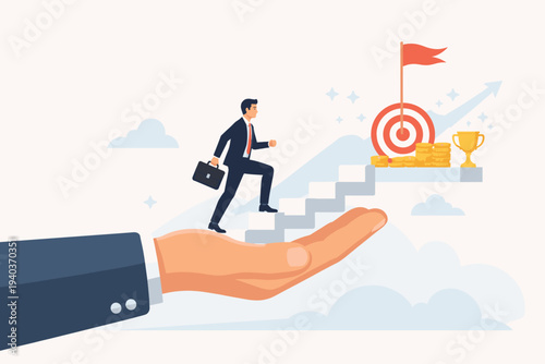 Businessman climbing stairs held by a giant hand towards a target, trophy, and gold coins. Concept of career growth, leadership support, mentorship, motivation, and achieving business success.