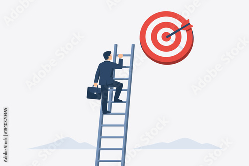 Businessman Climbing Ladder to Reach a Bullseye Target, Concept for Career Growth, Success, Ambition, and Achieving Business Goals, Professional Development and Corporate Strategy Illustration