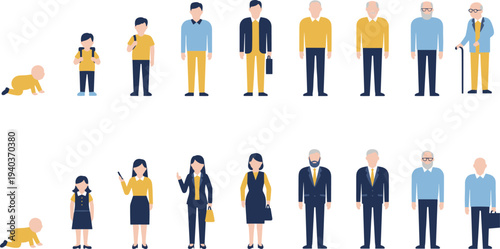 Human life cycle and aging process stages from infant baby to senior elderly man and woman flat vector illustration set,