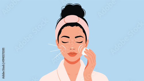 Young woman with a headband closes her eyes while gently cleansing her face with a cotton pad for her skin routine.