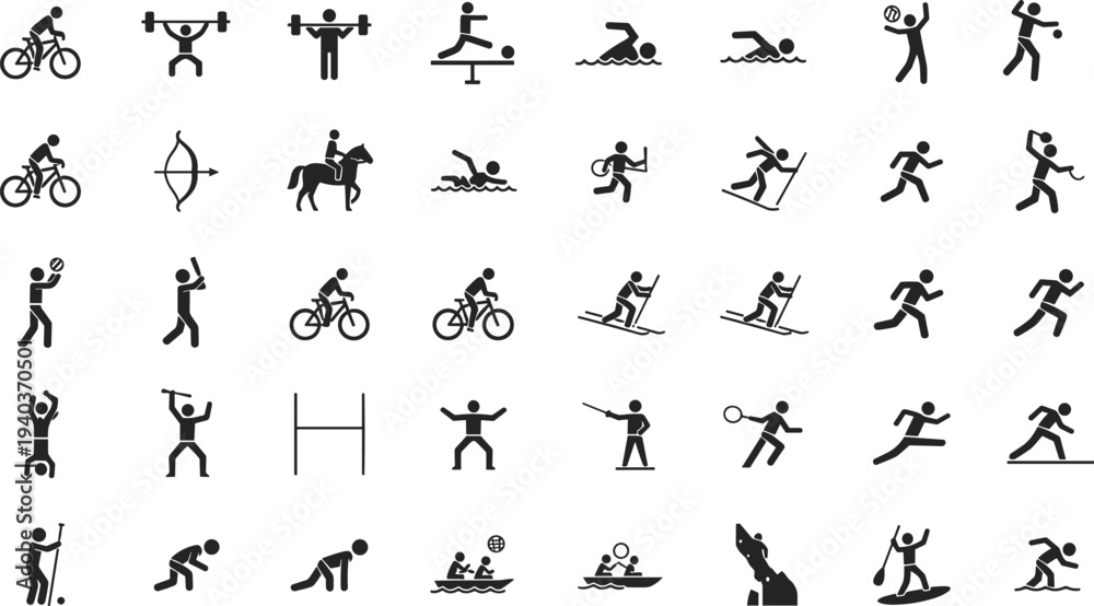 Obraz premium Mega collection of sports pictograms and athletic activity stick figures set for various outdoor and indoor physical exercise icons,