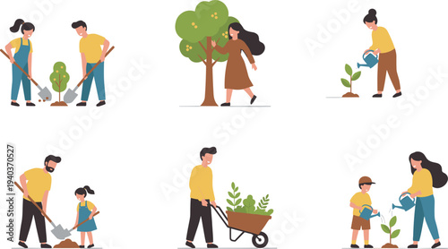 Happy people and families gardening planting trees and watering plants for environmental protection and outdoor hobby flat vector illustration set,