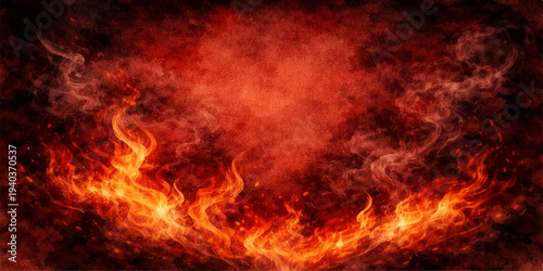 A powerful blazing inferno with fiery orange flames and red energy exploding against a black background creates a hot burning light with smoke and intense heat